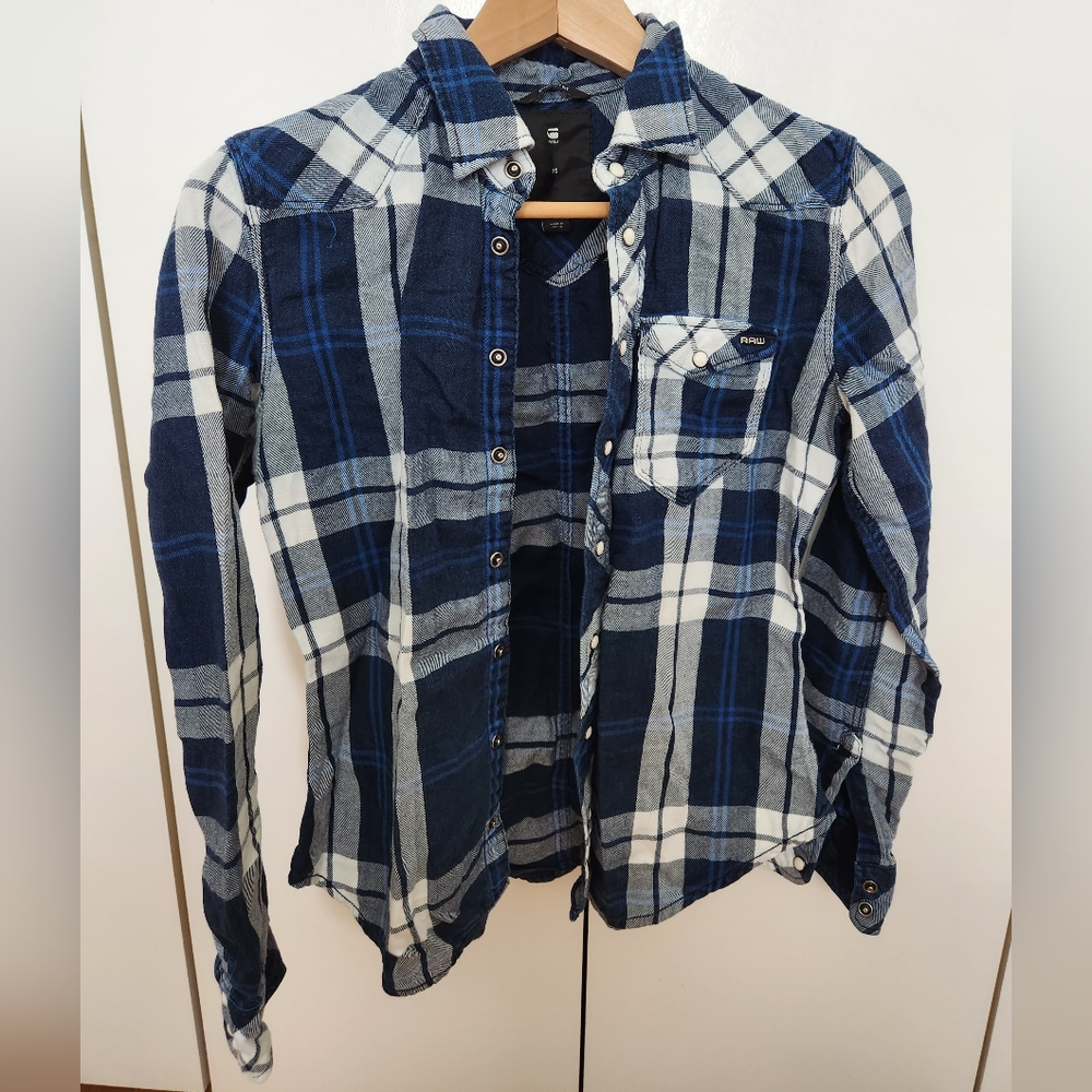 Blue plaid snap front LS shirt